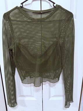 Olive Green Mesh Long-Sleeve Top